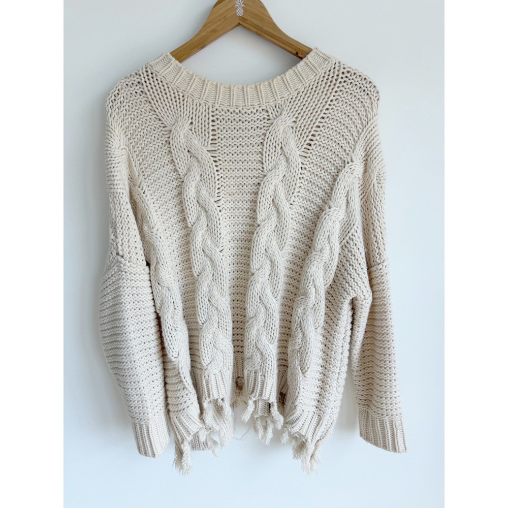 Women's Cream Fisherman Cable Knit Sweater Oversized Distressed Fringe Boho XS